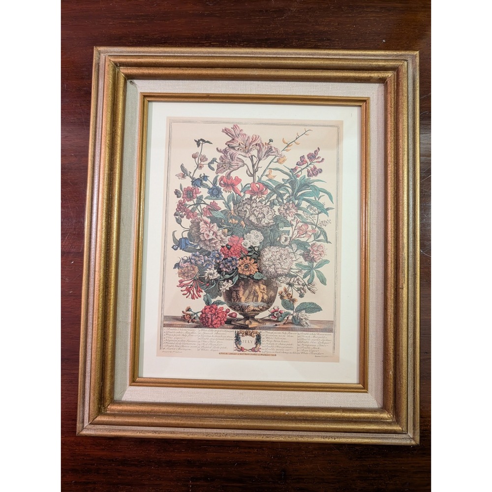 Vintage Robert Furber July Floral Botanical Print Gold Gilt Wood Frame 13.5x11.5